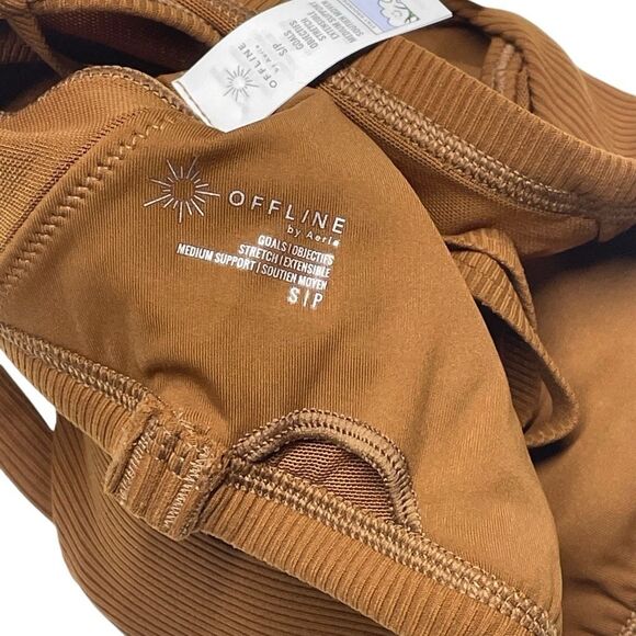 Aerie Offline Brown Ribbed and Mesh Plunge Sports Bra - Picture 5 of 6